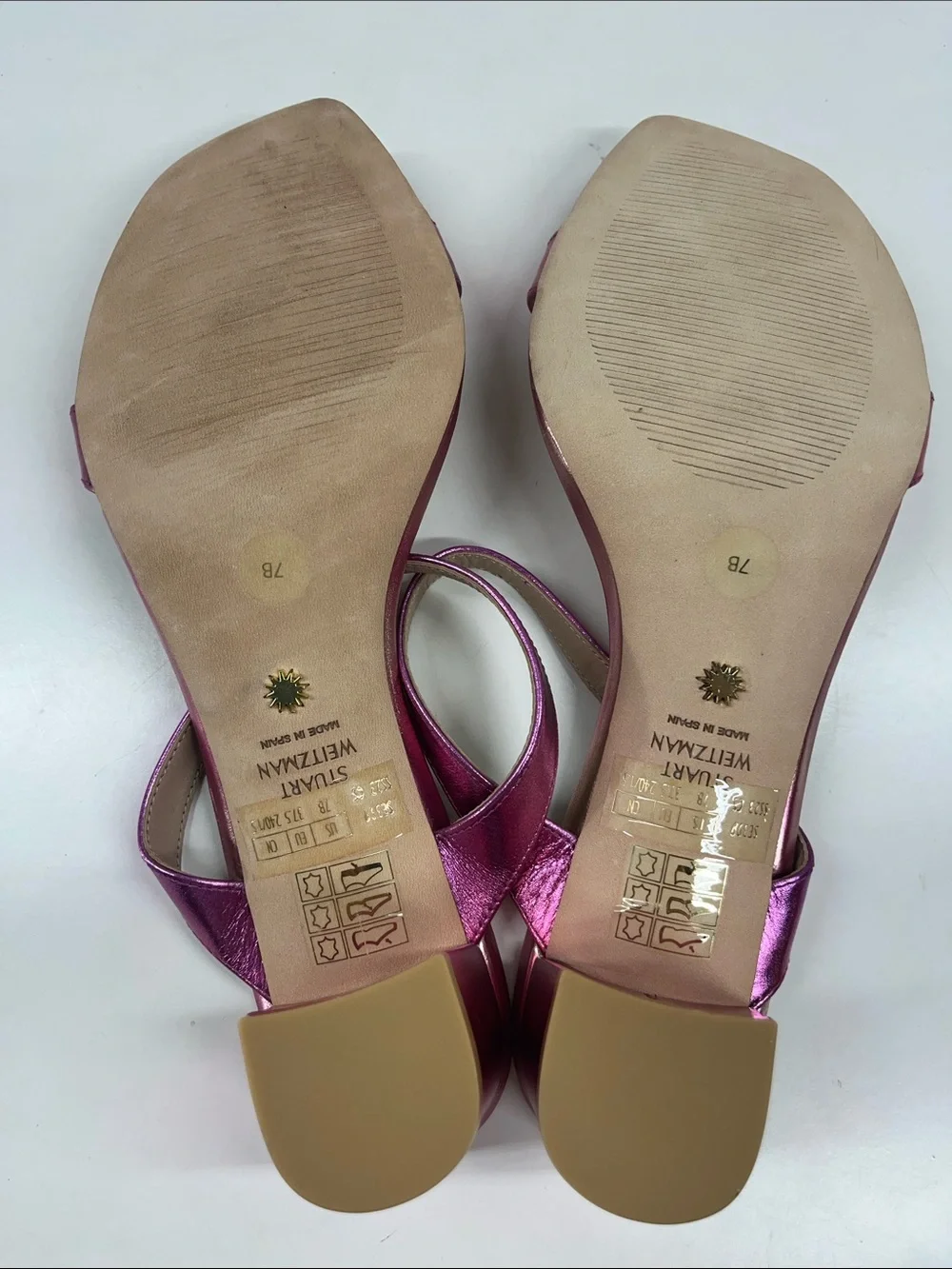New Stuart Weitzman Aleena Leather Slide Heel Sandals in Metallic Pink Size 7